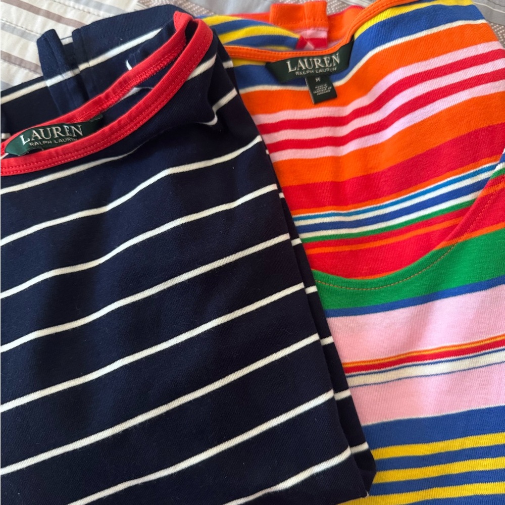 LAUREN Ralph Lauren Navy and Multicolor Striped Tees